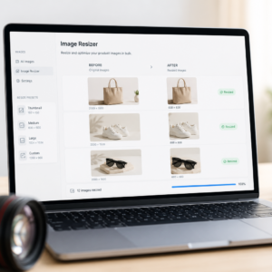 Laptop screen shows an image resizing app with before/after thumbnails of bags and shoes and left-side resize presets.