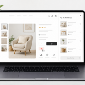 Laptop screen showing an online furniture product page with a beige chair, product thumbnails on the left, and a wishlist panel on the right.