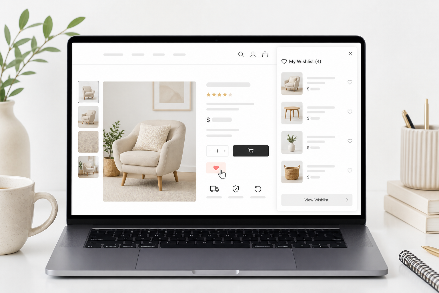 product-wishlist - worldweb.ch - Ihr Internet Provider Laptop screen showing an online furniture product page with a beige chair, product thumbnails on the left, and a wishlist panel on the right.